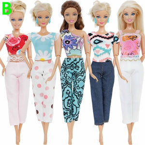 5 set Handmade Fashion Outfit Daily Casual Wear Blouse Shirt Vest Bottom Pants Skirt Clothes For Barbie Doll Accessories
